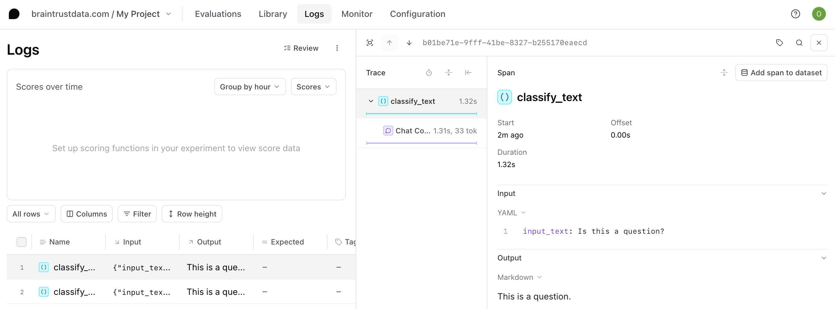 Log code output